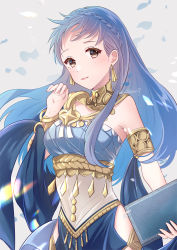 Rule 34 | 1girl, alternate costume, alternate hairstyle, armlet, blue dress, blue hair, blush, book, bracelet, braid, breasts, brown eyes, choker, closed mouth, commentary request, crown braid, dancer (fire emblem: three houses), dress, earrings, fire emblem, fire emblem: three houses, fire emblem heroes, floating hair, highres, holding, holding book, jewelry, lips, long hair, looking at viewer, marianne von edmund, medium breasts, nintendo, official alternate costume, pink lips, shawl, single-shoulder dress, solo, twitter username, yutohiroya