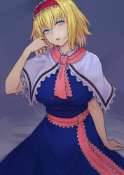 Rule 34 | 1girl, alice margatroid, aqua eyes, belt, blonde hair, blue dress, blue eyes, breasts, capelet, dress, frilled hairband, frills, hair between eyes, hairband, hand in own hair, head tilt, highres, jewelry, kakone, large breasts, lolita hairband, looking at viewer, open mouth, pink belt, pink scarf, red hairband, ring, scarf, short hair, sitting, solo, touhou, white capelet