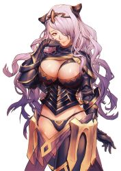 Rule 34 | 1girl, armor, black armor, black gloves, black panties, boots, breasts, camilla (fire emblem), capelet, cleavage, duplicate, eyelashes, fire emblem, fire emblem fates, gloves, hair over one eye, hand on own cheek, hand on own face, kitsune n, large breasts, lips, long hair, looking at viewer, nintendo, panties, purple eyes, purple hair, shiny clothes, shiny skin, simple background, solo, thigh boots, thighhighs, thighs, tiara, underwear, vambraces, wavy hair, white background