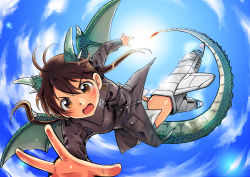 Rule 34 | 1girl, bad id, bad pixiv id, blush, brown eyes, brown hair, cloud, day, dragon girl, dragon horns, dragon tail, dragon wings, gertrud barkhorn, horns, long hair, military, military uniform, monster girl, multiple girls, niina ryou, open mouth, outstretched arm, outstretched hand, panties, reaching, sky, strike witches, striker unit, tail, twintails, underwear, uniform, wings, world witches series