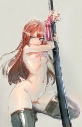 Rule 34 | 1girl, :t, aqua eyes, bar censor, black thighhighs, blush, bow (bhp), breasts, brown hair, censored, curvy, fingerless gloves, gloves, katana, kneeling, long hair, navel, nipples, nude, original, pussy, simple background, small breasts, solo, swimsuit, sword, thighhighs, torn clothes, uncensored, weapon