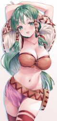 Rule 34 | 1girl, absurdres, breasts, cleavage, feena (grandia), full body, grandia, grandia i, green eyes, green hair, hair ornament, hair tubes, highres, hime gyo, jewelry, large breasts, long hair, looking at viewer, low-tied long hair, midriff, navel, open mouth, simple background, skirt, smile, solo, thighhighs, white background, wide sleeves