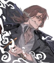 Rule 34 | 1boy, 2024, brown eyes, brown hair, cigarette, facial hair, gregor (project moon), highres, holding, holding sword, holding weapon, limbus company, male focus, project moon, smoke, solo, stubble, sword, weapon