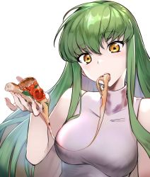 Rule 34 | 1girl, absurdres, bare arms, breasts, c.c., code geass, food, green hair, hair between eyes, highres, long hair, looking at viewer, medium breasts, pizza, simple background, sleeveless, sleeveless sweater, solo, straight hair, sweater, turtleneck, turtleneck sweater, ukai (fmxc3282), upper body, very long hair, white background, white sweater, yellow eyes