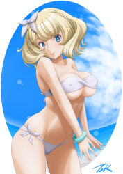 Rule 34 | 1girl, artist name, bikini, blonde hair, blue eyes, blue sky, bracelet, braid, breasts, cloud, colorado (kancolle), commentary request, covered erect nipples, cowboy shot, hairband, highres, jewelry, kantai collection, large breasts, leaning forward, looking at viewer, short hair, side-tie bikini bottom, side braids, sky, smile, solo, standing, swimsuit, t2r, white bikini, white hairband