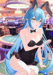 Rule 34 | 1girl, :o, absurdres, ahoge, animal ears, arm support, arm under breasts, bare shoulders, black bow, black bowtie, black leotard, blue hair, blurry, blurry background, bow, bowtie, breast tattoo, breasts, casino, collarbone, covered navel, detached collar, fake animal ears, fishnet pantyhose, fishnets, frilled leotard, frills, heart, heart ahoge, heart tattoo, highres, hololive, jiang ye kiri, large breasts, leaning to the side, leotard, long hair, looking at viewer, on table, open mouth, pantyhose, playboy bunny, pointy ears, poker chip, poker table, rabbit ears, sitting, solo, table, tattoo, very long hair, virtual youtuber, yellow eyes, yukihana lamy