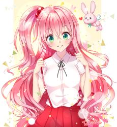 Rule 34 | 1girl, absurdly long hair, bad id, bad pixiv id, blush, breasts, character request, collared shirt, copyright request, green eyes, hair bobbles, hair ornament, long hair, looking at viewer, medium breasts, parted lips, pink hair, red skirt, saltycaramel, shirt, short sleeves, side ponytail, skirt, smile, solo, suspender skirt, suspenders, very long hair