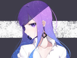 Rule 34 | 1girl, blunt bangs, capricorn (constellation), collarbone, collared shirt, constellation print, dress shirt, earrings, jewelry, libra (constellation), looking at viewer, original, parted lips, pisces (constellation), profile, purple eyes, purple hair, shade, shirt, solo, space print, starry sky print, the cold, upper body, virgo (constellation), white shirt