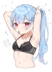 Rule 34 | 1girl, bare arms, bare shoulders, black bra, blue hair, blush, bow, bow bra, bra, breasts, closed mouth, commentary request, cropped torso, earrings, hair ornament, hair tie, hair tie in mouth, hairclip, hickey, highres, jewelry, long hair, looking at viewer, mouth hold, navel, original, ponytail, red eyes, simple background, small breasts, solo, tsukiman, tying hair, underwear, underwear only, upper body, very long hair, white background