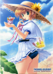 Rule 34 | 1girl, absurdres, aqua eyes, artist name, bag, beach, blonde hair, bracelet, cloud, cowboy shot, day, flower, flower bracelet, food, from side, hat, hat flower, highres, ice cream, ikegami akane, jewelry, mouth hold, ocean, outdoors, pleated skirt, puffy short sleeves, puffy sleeves, scan, school swimsuit, school uniform, serafuku, short hair, short sleeves, skirt, sky, solo, sparkle, straw hat, sun hat, sunflower, swimsuit, swimsuit under clothes, transparent, white skirt, wind, wind lift