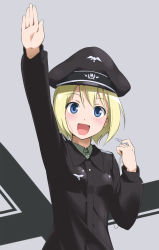 Rule 34 | 00s, 1girl, arm up, blonde hair, blue eyes, erica hartmann, hat, military, military uniform, open mouth, peaked cap, short hair, smile, solo, strike witches, uniform, whistle, world witches series, youkan