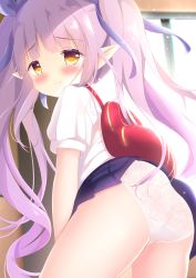 Rule 34 | 1girl, absurdres, ass, backpack, bag, black skirt, blurry, blurry background, blush, closed mouth, commentary, depth of field, english commentary, hair ribbon, highres, kyoka (princess connect!), lace, lace panties, long hair, looking at viewer, looking back, panties, pleated skirt, pointy ears, princess connect!, puffy short sleeves, puffy sleeves, purple hair, purple ribbon, renew vivi, ribbon, school uniform, shirt, short sleeves, sidelocks, skirt, solo, twintails, underwear, very long hair, wavy mouth, white panties, white shirt, window, yellow eyes