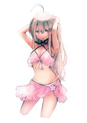 Rule 34 | 1girl, ahoge, armpits, arms up, bare shoulders, bikini, blush, braid, breasts, brown hair, contrapposto, cowboy shot, female focus, groin, hair ornament, hair tie in mouth, indie virtual youtuber, kusunoki shio, kutar22, long hair, looking at viewer, medium breasts, mouth hold, navel, red eyes, simple background, solo, swimsuit, thighs, tying hair, virtual youtuber, white background
