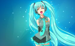Rule 34 | 1girl, aqua hair, arms behind back, closed eyes, el-sato, hatsune miku, highres, long hair, music, open mouth, simple background, singing, solo, thighhighs, twintails, very long hair, vocaloid, wallpaper