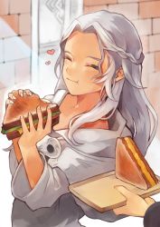 Rule 34 | 1girl, :t, ^ ^, braid, brick wall, chewing, closed eyes, eating, closed eyes, final fantasy, final fantasy xiv, food, from side, giving, grey hair, grey robe, half updo, hands up, heart, highres, holding, holding food, holding tray, hood, hood down, hooded robe, hotaro (bread fusa), light rays, long hair, mask, mask around neck, unworn mask, out of frame, robe, sandwich, single braid, smile, solo focus, standing, sunbeam, sunlight, tray, upper body, venat (ff14), window