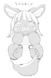 Rule 34 | 1other, animal ears, diaper, embarrassed, furry, hand on own face, hands on own cheeks, hands on own face, legs up, looking at viewer, lying, made in abyss, nanachi (made in abyss), on back, pacifier, rabbit ears, saliva, simple background, solo, sutegomakun