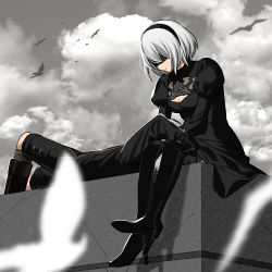 Rule 34 | 1boy, 1girl, animal, arms up, bird, black blindfold, black footwear, black gloves, black hairband, black legwear, blindfold, breasts, cleavage, cleavage cutout, closed mouth, clothing cutout, cloud, cloudy sky, crack, flying, gloves, grey sky, hairband, highres, lap pillow, looking at another, nier (series), nier:automata, outdoors, puffy sleeves, rasupekuto, see-through, short hair, shorts, sky, smile, socks, white hair, 2b (nier:automata), 9s (nier:automata)