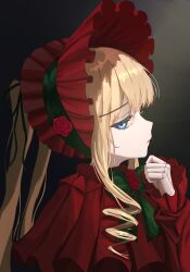 Rule 34 | 1girl, absurdres, blonde hair, blue eyes, bonnet, bow, bowtie, capelet, closed mouth, commentary request, doll joints, dress, drill hair, drill sidelocks, expressionless, eyelashes, flower, flower brooch, frilled capelet, frills, geulim (pixiv 103620402), green bow, green bowtie, grey background, half-closed eyes, highres, joints, lolita fashion, long hair, looking at viewer, looking to the side, medium bangs, portrait, profile, red capelet, red dress, red flower, red headwear, red rose, rose, rozen maiden, shinku, sidelocks, solo, twintails, upper body