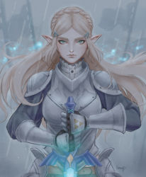Rule 34 | 1girl, alternate costume, armor, belt, blonde hair, braid, flag, french braid, green eyes, hair ornament, hairclip, high collar, highres, holding, holding sword, holding weapon, kumanz, long hair, looking at viewer, master sword, nintendo, parted bangs, pointy ears, princess zelda, rain, solo, sword, the legend of zelda, the legend of zelda: breath of the wild, triforce, weapon