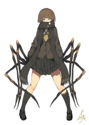 Rule 34 | 1girl, arthropod girl, arthropod limbs, black footwear, black sailor collar, black scarf, black skirt, black socks, blue eyes, brown hair, brown jacket, commentary request, covered mouth, extra legs, full body, highres, insect girl, jacket, lansane, legs apart, long sleeves, looking at viewer, monster girl, necktie, original, pleated skirt, sailor collar, scarf, scarf over mouth, school uniform, serafuku, shoes, short hair, signature, simple background, skirt, socks, solo, spider girl, standing, white background, yellow necktie