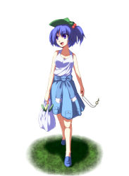 Rule 34 | 1girl, :d, bag, blue eyes, blue footwear, blue hair, blue skirt, breasts, cleavage, clothes around waist, collarbone, full body, green hat, hair bobbles, hair ornament, hat, holding, kawashiro nitori, key, long hair, medium breasts, open mouth, ryosios, shirt, simple background, skirt, sleeveless, sleeveless shirt, smile, solo, standing, touhou, twintails, walking, white background, white shirt
