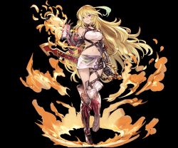 Rule 34 | 10s, 1girl, bad id, bad twitter id, bare shoulders, black background, blonde hair, boots, choker, cross-laced footwear, crossover, fire, gradient hair, granblue fantasy, green hair, knee boots, lace-up boots, long hair, midriff, milla maxwell, minaba hideo, multicolored hair, navel, red eyes, simple background, skirt, solo, sword, tales of (series), tales of xillia, thigh boots, thigh gap, thighhighs, very long hair, weapon