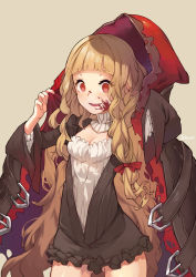 Rule 34 | 1girl, adjusting clothes, blonde hair, blood, blood on face, blunt bangs, breasts, brown background, cleavage, cloak, cowboy shot, empty eyes, eyes visible through hair, gluteal fold, highres, hood, hooded cloak, long hair, long sleeves, open mouth, red eyes, red riding hood (sinoalice), simple background, sinoalice, sjh, very long hair