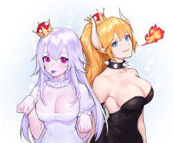 Rule 34 | 2girls, :p, armlet, arms at sides, bare shoulders, blonde hair, blue eyes, bowsette, breasts, breath weapon, breathing fire, choker, cleavage, collar, collarbone, colored tongue, crown, fire, frilled choker, frills, hair between eyes, large breasts, long hair, looking at viewer, luigi&#039;s mansion, mario (series), multiple girls, new super mario bros. u deluxe, nintendo, pale skin, pink eyes, ponytail, princess king boo, purple tongue, siun, smile, spiked armlet, spiked collar, spikes, super crown, tongue, tongue out, very long hair, white choker