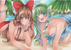 Rule 34 | 2girls, beach, bikini, blue bikini, blue eyes, blush, bow, breasts, brown eyes, brown hair, cleavage, closed mouth, collarbone, feet up, frilled bow, frilled hair tubes, frills, frog hair ornament, hair bow, hair ornament, hair tubes, hakurei reimu, hand on own cheek, hand on own face, kochiya sanae, large breasts, light smile, looking at viewer, lying, maccha xxxxxx, marker (medium), multiple girls, on ground, on stomach, open mouth, outdoors, red bikini, red bow, sample watermark, snake hair ornament, soles, swimsuit, teeth, the pose, touhou, traditional media, upper teeth only, water, watermark