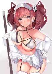 Rule 34 | 1girl, alternate costume, atlanta (kancolle), blue eyes, blush, breasts, broom, brown hair, check commentary, cleavage, collarbone, commentary request, earrings, elbow gloves, enmaided, eriyama e, frilled skirt, frills, garter straps, gloves, gradient background, hand on own hip, highres, jewelry, kantai collection, large breasts, looking at viewer, maid, maid headdress, navel, skirt, solo, star (symbol), star earrings, twintails, white background, white gloves