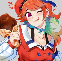 Rule 34 | 1girl, blue ribbon, breasts, chicken (food), chicken leg, choker, cleavage, commentary, detached sleeves, food, fried chicken, gradient hair, green hair, holding, holding food, hololive, hololive english, large breasts, long hair, long sleeves, multicolored hair, one eye closed, orange hair, pink eyes, puffy long sleeves, puffy sleeves, ribbon, ribbon choker, solo, takanashi kiara, takanashi kiara (1st costume), tongue, tongue out, upper body, virtual youtuber, white sleeves, zambiie