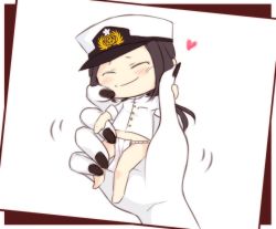 Rule 34 | 10s, 1girl, black nails, blush stickers, brown hair, chibi, closed eyes, commentary request, epaulettes, female admiral (kancolle), fundoshi, hat, heart, jacket, japanese clothes, kantai collection, long hair, low ponytail, military, military hat, military uniform, mini person, minigirl, nail polish, neko majin, pale skin, peaked cap, sitting on hand, smile, uniform, white background