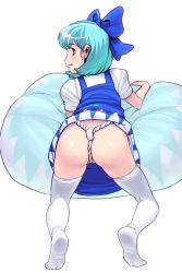 Rule 34 | 1girl, :d, all fours, ass, bad id, bad pixiv id, bdsm, blue eyes, blue hair, blush, bondage, bound, bow, cirno, clothes lift, crotch rope, dress, dress lift, fang, from behind, full body, fundoshi, hair bow, japanese clothes, kneepits, kouno (masao), looking back, matching hair/eyes, no shoes, open mouth, partially visible vulva, profile, short hair, simple background, smile, solo, thighhighs, touhou, white thighhighs