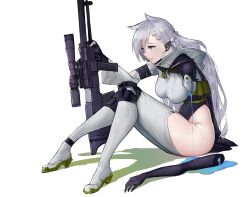 Rule 34 | 1girl, amputee, android, animal ears, anti-materiel rifle, blood, blue blood, blue eyes, bolt-action rifle, bolt action, breasts, bullpup, colored blood, commentary, disembodied hand, earpiece, english commentary, girls&#039; frontline, gun, high heels, injury, jacket, knee pads, ksvk (girls&#039; frontline), ksvk 12.7, large breasts, legs, long hair, mechanical arms, pandea work, rifle, robot, robot girl, silver hair, single mechanical arm, sitting, sniper rifle, solo, thighhighs, weapon