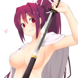 Rule 34 | 1girl, afushiru wa kugi, arm up, armpits, breasts, convenient censoring, holding, holding sword, holding weapon, katana, large breasts, looking at viewer, no shirt, ponytail, solo, sword, under night in-birth, weapon, white background, yuzuriha (under night in-birth)