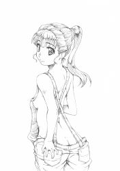 Rule 34 | 1girl, breasts, butt crack, greyscale, kesuida, long hair, looking at viewer, looking back, monochrome, naked overalls, nipples, original, overalls, ponytail, simple background, smile, solo, white background