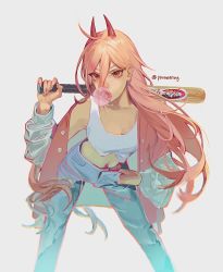 Rule 34 | 1girl, baseball bat, breasts, blowing bubbles, chainsaw man, chewing gum, cowlick, crop top, hair between eyes, hand in pocket, highres, holding, holding weapon, horns, leaning forward, long hair, looking at viewer, medium breasts, midriff, orange eyes, phoneafrog, pink hair, power (chainsaw man), red horns, simple background, solo, twitter username, weapon, white background