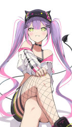 Rule 34 | 1girl, baseball cap, bibi (tokoyami towa), black choker, black footwear, black hat, black shorts, black tank top, blush, choker, commentary, cropped jacket, crossed legs, demon tail, english commentary, fake horns, fishnet thighhighs, fishnets, green eyes, green nails, grin, hair between eyes, hair ornament, hairclip, hat, highres, hololive, horned headwear, horns, hz (helu 2), invisible chair, jacket, long hair, looking at viewer, midriff, multicolored hair, multicolored nails, nail polish, o-ring, o-ring choker, off-shoulder jacket, off shoulder, pink hair, purple hair, purple nails, shoes, short shorts, shorts, simple background, single thighhigh, sitting, smile, solo, streaked hair, tail, tail ornament, tail ring, tank top, thigh strap, thighhighs, tokoyami towa, twintails, virtual youtuber, white background, white jacket