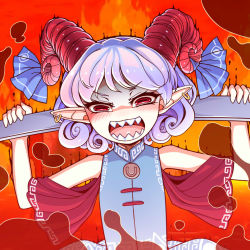 Rule 34 | 1girl, :d, bare arms, bare shoulders, blue bow, blue dress, bow, curled horns, curly hair, dress, earrings, hands up, horizontal pupils, horn bow, horn ornament, horns, jewelry, looking at viewer, medium hair, open mouth, pointy ears, purple hair, red background, red eyes, sharp teeth, sleeveless, sleeveless dress, smile, solo, teeth, touhou, toutetsu yuuma, upper body, uvula, weapon behind back, yassy
