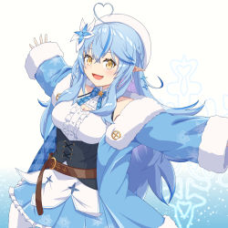 Rule 34 | 1girl, absurdres, ahoge, bare shoulders, belt, beret, blouse, blue coat, blue flower, blue hair, blue neckwear, blue ribbon, blue skirt, breasts, brown belt, coat, collarbone, commentary request, flower, half updo, hat, heart, heart ahoge, highres, hololive, long hair, open clothes, open coat, open mouth, outstretched arms, pointy ears, ribbon, semeto (a2439x), shirt, skirt, sleeveless, sleeveless shirt, solo, spread arms, t-pose, virtual youtuber, white hat, white shirt, yellow eyes, yukihana lamy