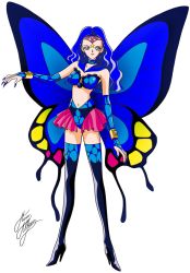 Rule 34 | 1girl, bishoujo senshi sailor moon, black footwear, black thighhighs, blue eyes, blue footwear, blue hair, blue nails, boots, bracelet, butterfly wings, choker, circlet, fingernails, full body, insect wings, jewelry, long fingernails, long hair, marco albiero, matching hair/eyes, multicolored wings, nail polish, pink lips, pink skirt, sailor collar, sailor heavy metal papillon, signature, skirt, smile, solo, standing, star (symbol), thigh boots, thighhighs, white background, wings