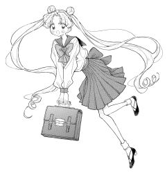 1girl absurdres back_bow bishoujo_senshi_sailor_moon black_footwear blush bow bowtie briefcase curly_hair double_bun floating full_body greyscale hair_bun highres holding holding_briefcase long_hair long_sleeves midriff_peek monochrome neginoaoitokoro open_mouth parted_bangs pleated_skirt puffy_long_sleeves puffy_sleeves sailor_collar school_uniform screentones skirt socks solo tsukino_usagi twintails very_long_hair white_background white_socks