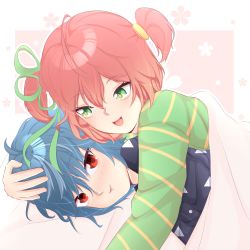 Rule 34 | 2girls, bed, bed sheet, blue hair, closed mouth, commission, fuyo cloverfield, green eyes, hand on another&#039;s head, highres, idol corp, lips, looking at another, multiple girls, nose, open mouth, pink hair, red eyes, sleepwear, virtual youtuber, yuko yurei