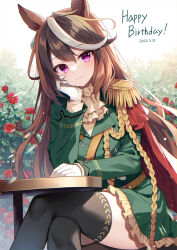 Rule 34 | 1girl, animal ears, black hair, black thighhighs, brown hair, closed mouth, commentary request, crossed legs, dated, epaulettes, feet out of frame, flower, frilled skirt, frills, gloves, green jacket, green skirt, hair between eyes, hand up, happy birthday, horse ears, jacket, long hair, long sleeves, looking at viewer, mauve, multicolored hair, purple eyes, red flower, red rose, rose, shirt, single epaulette, sitting, skirt, smile, solo, streaked hair, symboli rudolf (umamusume), table, thighhighs, two-tone hair, umamusume, very long hair, white gloves, white hair, white shirt