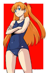 Rule 34 | 1girl, blue eyes, blush, breasts, crossed arms, kouda tomohiro, long hair, neon genesis evangelion, one-piece swimsuit, orange hair, school swimsuit, simple background, small breasts, solo, souryuu asuka langley, standing, swimsuit, tsundere, twintails, two side up