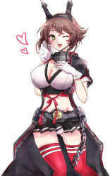 Rule 34 | 1girl, black jacket, breasts, brown hair, chain, chemaru (a8l), cleavage, collar, collarbone, flipped hair, gloves, green eyes, hand on own chest, headgear, heart, highres, jacket, kantai collection, large breasts, looking at viewer, metal belt, metal collar, midriff, mutsu (kancolle), mutsu kai ni (kancolle), one eye closed, open clothes, open jacket, open mouth, panties, pantyshot, red thighhighs, short hair, short sleeves, simple background, solo, spoken heart, standing, thighhighs, underwear, upper body, upskirt, white background, white gloves, white panties