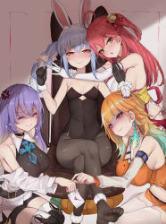Rule 34 | 4girls, ^ ^, ahoge, anger vein, animal ears, arms around neck, bare shoulders, bell, black footwear, black gloves, black thighhighs, blouse, blue hair, blush, boots, breasts, choker, cleavage, closed eyes, covered navel, crossed legs, detached sleeves, elbow gloves, glint, gloves, gradient hair, green eyes, hair bell, hair ornament, hat, highres, hololive, hololive english, hololive fantasy, hololive indonesia, holomyth, jewelry, kneeling, large breasts, leotard, midriff, mini hat, miniskirt, moona hoshinova, multicolored hair, multiple girls, navel, no shoes, one side up, orange eyes, orange hair, panties, pantyhose, pinching, pink eyes, pink hair, playboy bunny, purple hair, rabbit ears, rabbit girl, ring, sakura miko, sakura miko (1st costume), shaded face, sherryqq, shirt, side-tie panties, sideboob, skirt, sleeveless, sleeveless shirt, small breasts, smile, string panties, takanashi kiara, thick eyebrows, thigh boots, thighhighs, underwear, usada pekora, usada pekora (1st costume), virtual youtuber, white gloves, white thighhighs