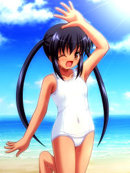 Rule 34 | 00s, 1girl, ayase jun, bad id, bad pixiv id, barefoot, beach, black hair, brown eyes, day, female focus, k-on!, long hair, nakano azusa, one-piece swimsuit, one eye closed, outdoors, school swimsuit, sky, solo, sweat, swimsuit, tan, twintails, white school swimsuit, white one-piece swimsuit, wink