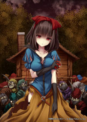 Rule 34 | 1girl, akkijin, apple, breasts, brown hair, dress, dwarf, food, fruit, hair ribbon, house, looking at viewer, night, night sky, parted lips, puff and slash sleeves, puffy sleeves, red eyes, red ribbon, ribbon, shinkai no valkyrie, sky, snow white, snow white (shinkai no valkyrie), solo focus, standing, torn clothes