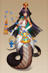 Rule 34 | 1girl, absurdres, armlet, bare shoulders, blue eyes, breasts, cleavage, dark skin, dark-skinned female, egyptian, egyptian clothes, full body, gloves, gold, hair ornament, highres, jewelry, lamia, large breasts, long hair, looking at viewer, makeup, monster girl, necklace, original, smile, snake hair ornament, solo, tiara, very long hair, white gloves, wu yao jun